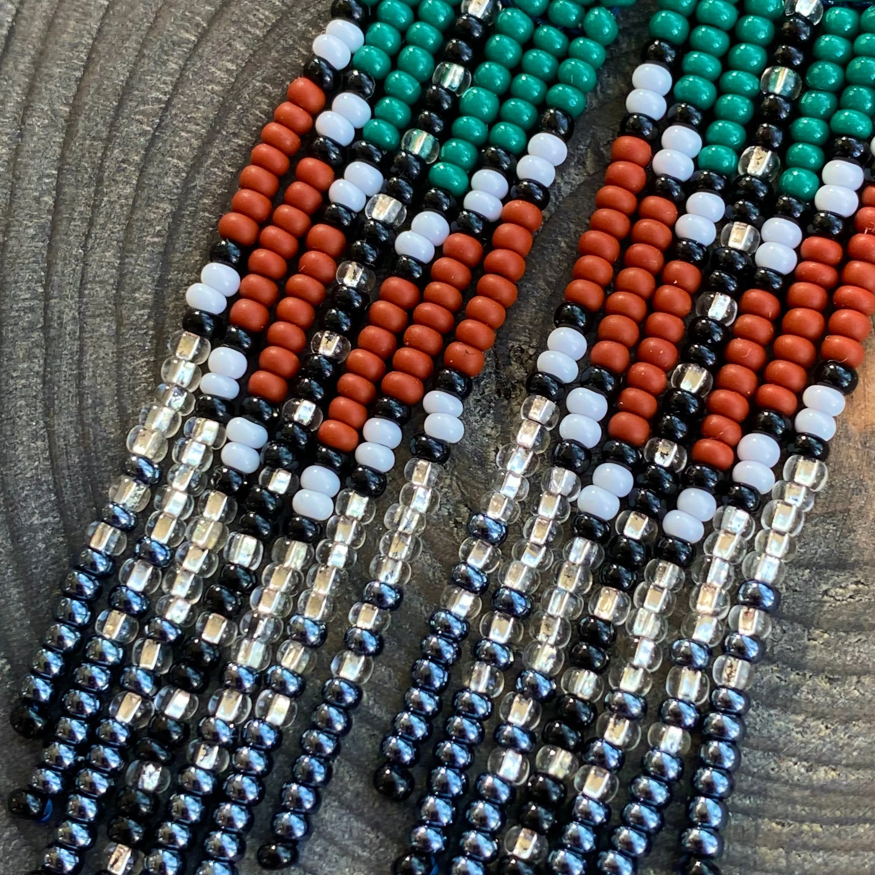 Green Brown Silver Seed Bead Fringe Earrings, Indigenous Native Inspired Earrings, Long Dangle Ethnic Earrings