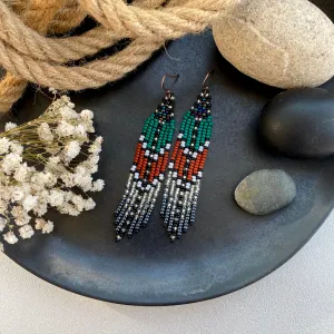 Green Brown Silver Seed Bead Fringe Earrings, Indigenous Native Inspired Earrings, Long Dangle Ethnic Earrings