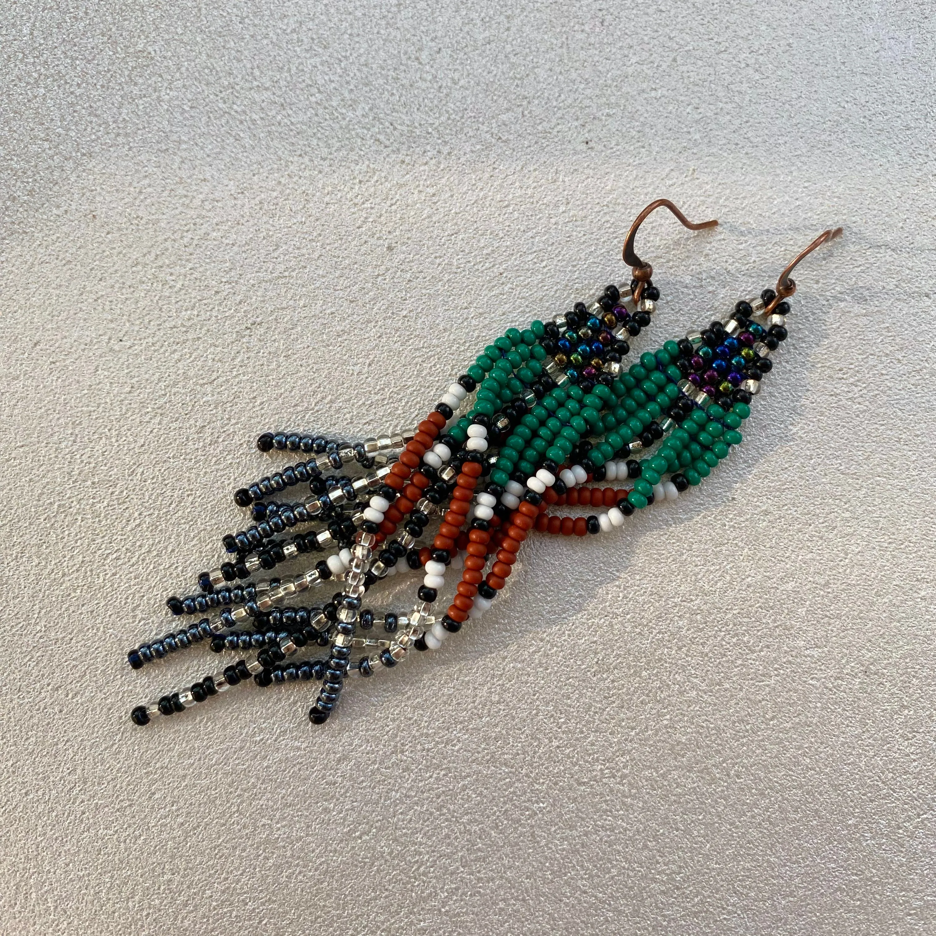 Green Brown Silver Seed Bead Fringe Earrings, Indigenous Native Inspired Earrings, Long Dangle Ethnic Earrings