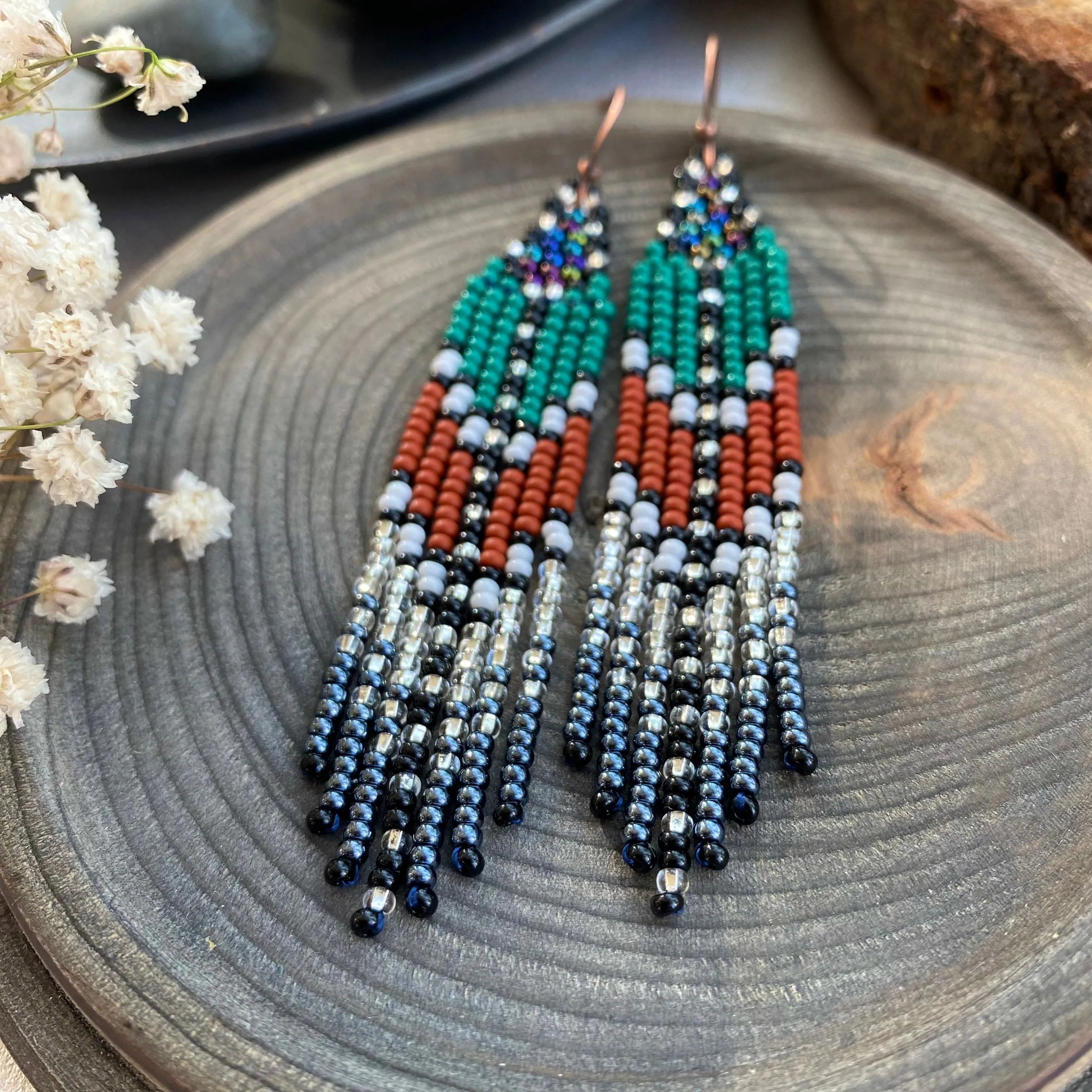 Green Brown Silver Seed Bead Fringe Earrings, Indigenous Native Inspired Earrings, Long Dangle Ethnic Earrings