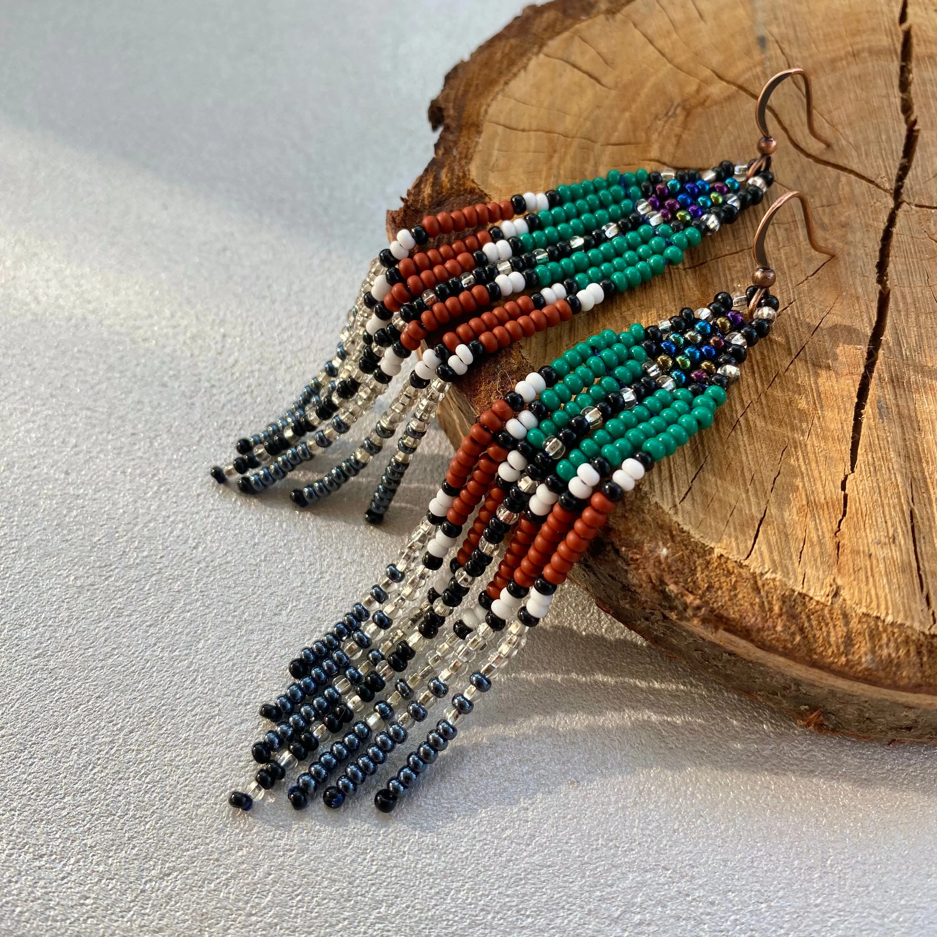 Green Brown Silver Seed Bead Fringe Earrings, Indigenous Native Inspired Earrings, Long Dangle Ethnic Earrings