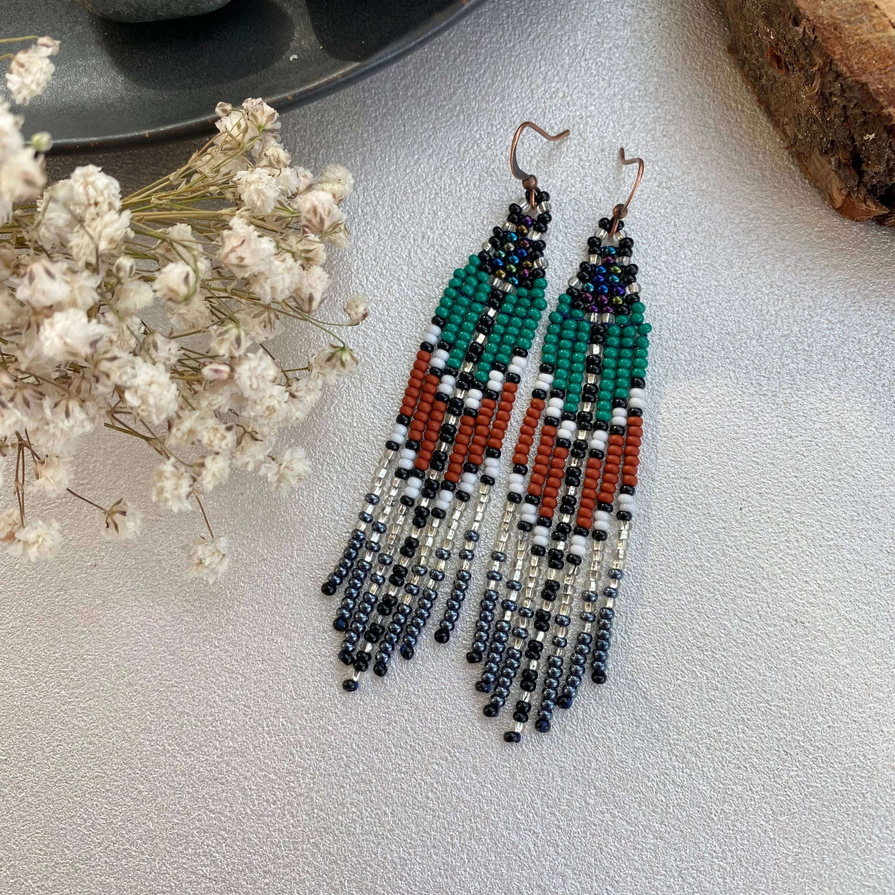 Green Brown Silver Seed Bead Fringe Earrings, Indigenous Native Inspired Earrings, Long Dangle Ethnic Earrings