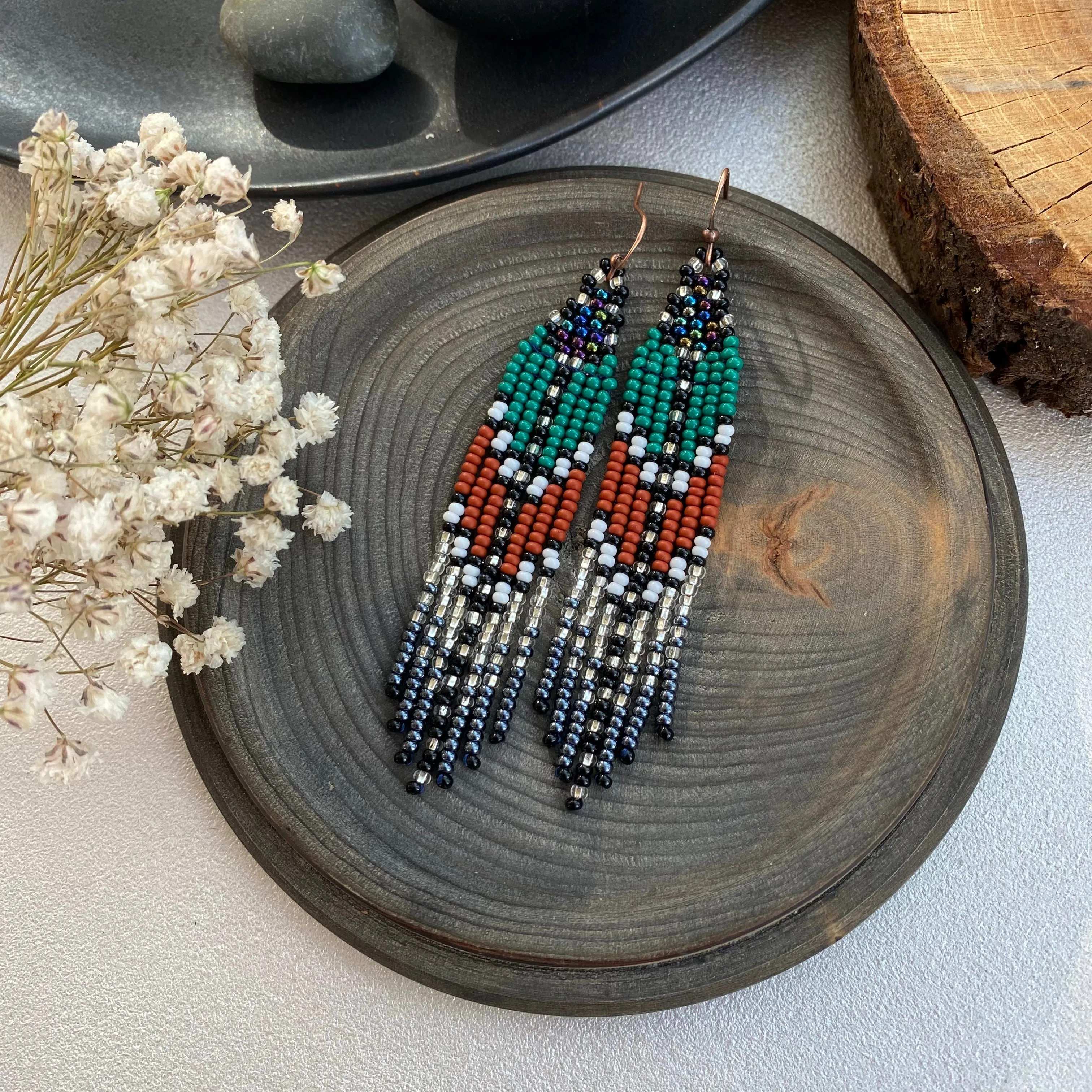 Green Brown Silver Seed Bead Fringe Earrings, Indigenous Native Inspired Earrings, Long Dangle Ethnic Earrings