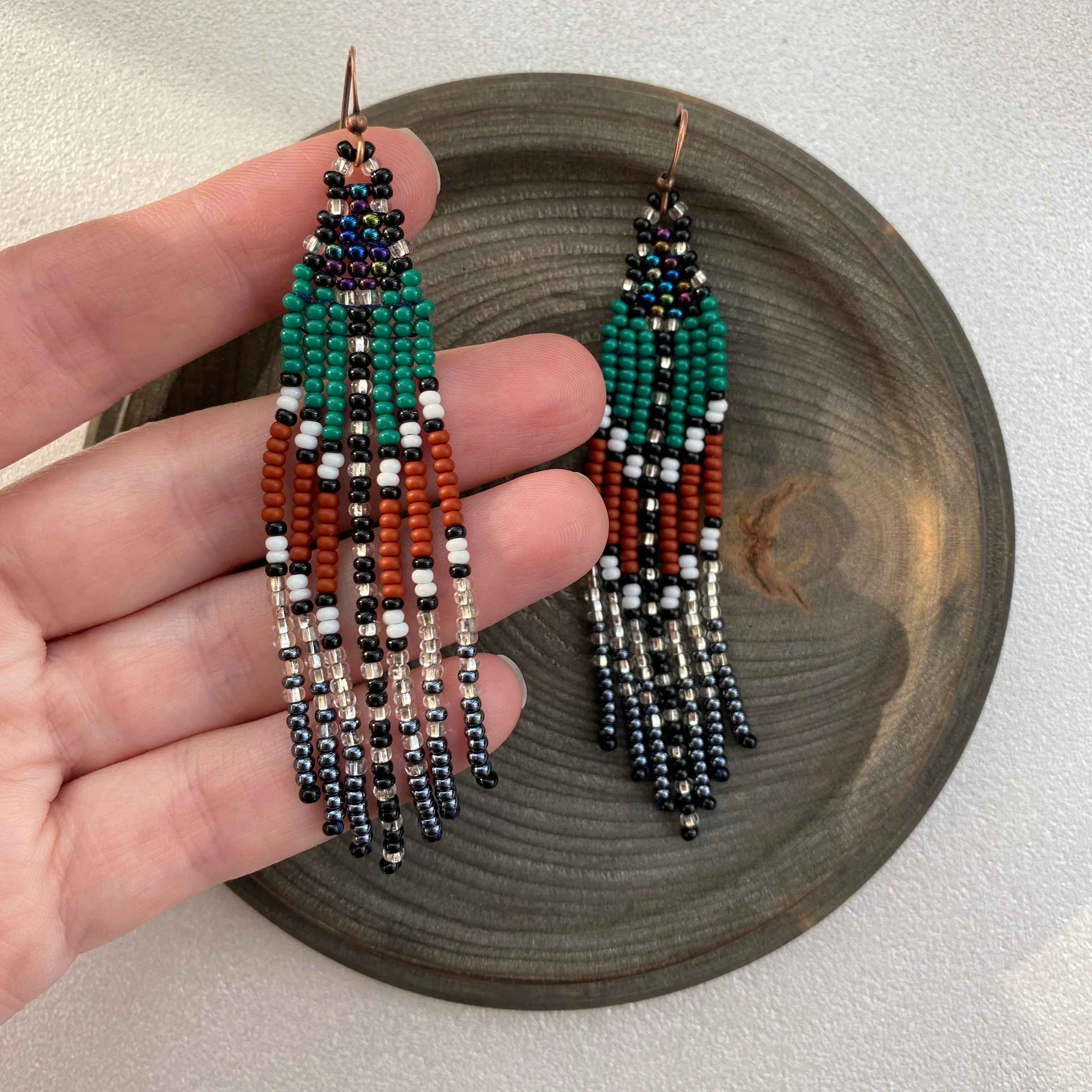 Green Brown Silver Seed Bead Fringe Earrings, Indigenous Native Inspired Earrings, Long Dangle Ethnic Earrings