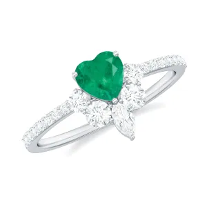 Heart Shape Emerald Engagement Ring with Diamond Side Stones