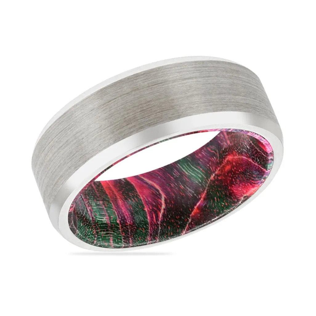 HIRAM | Green & Red Wood, Silver Tungsten Ring, Brushed, Beveled