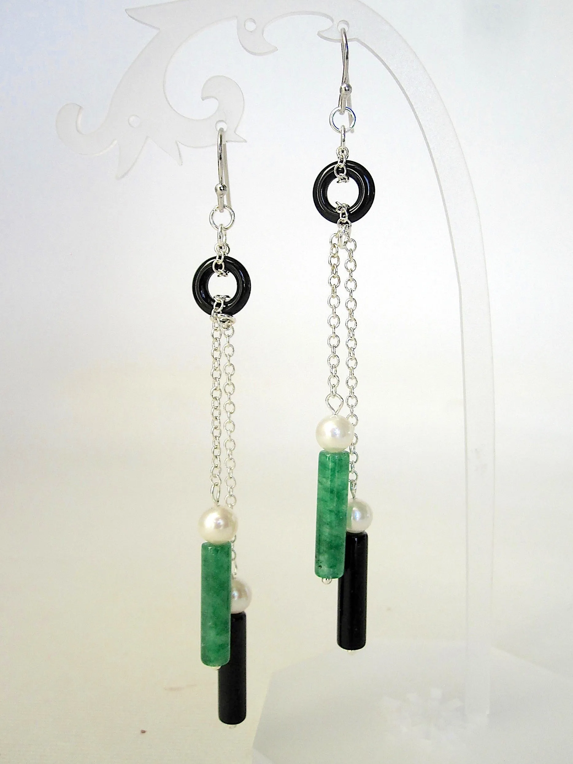 Jade, Black Agate and Freshwater Pearl Earrings