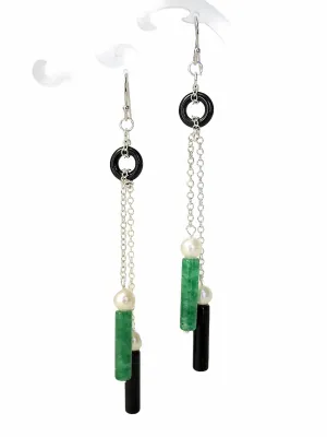 Jade, Black Agate and Freshwater Pearl Earrings