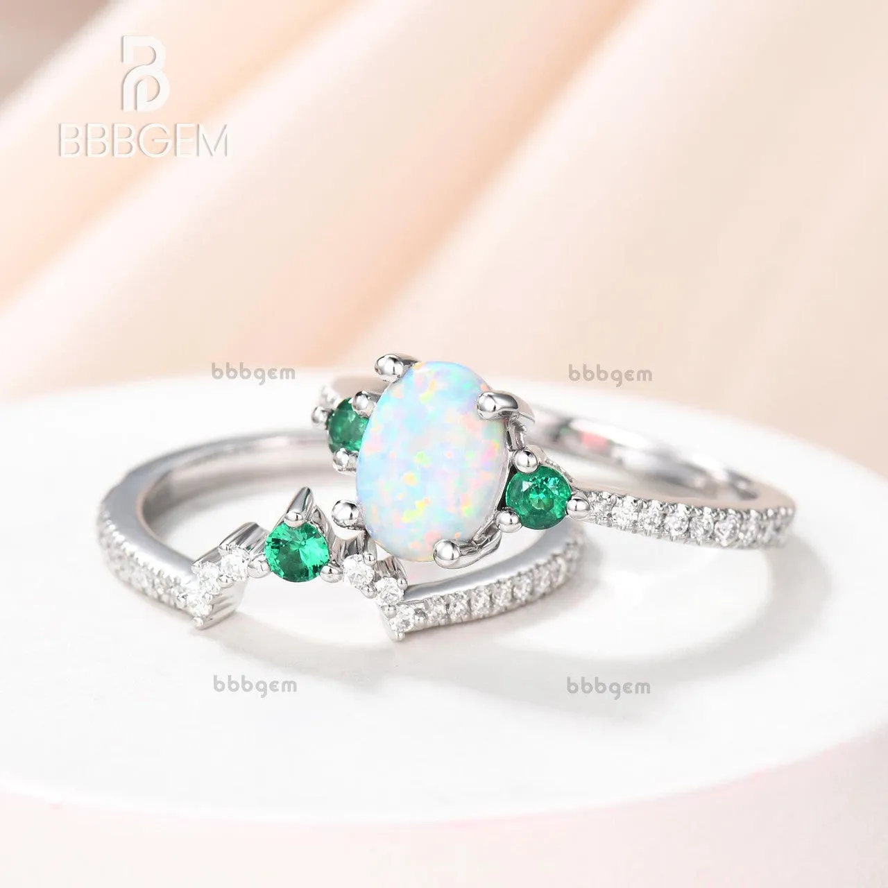 Lab Opal Bridal Set Antique Diamond Wedding Matching Band Emerald Engagement Ring Set