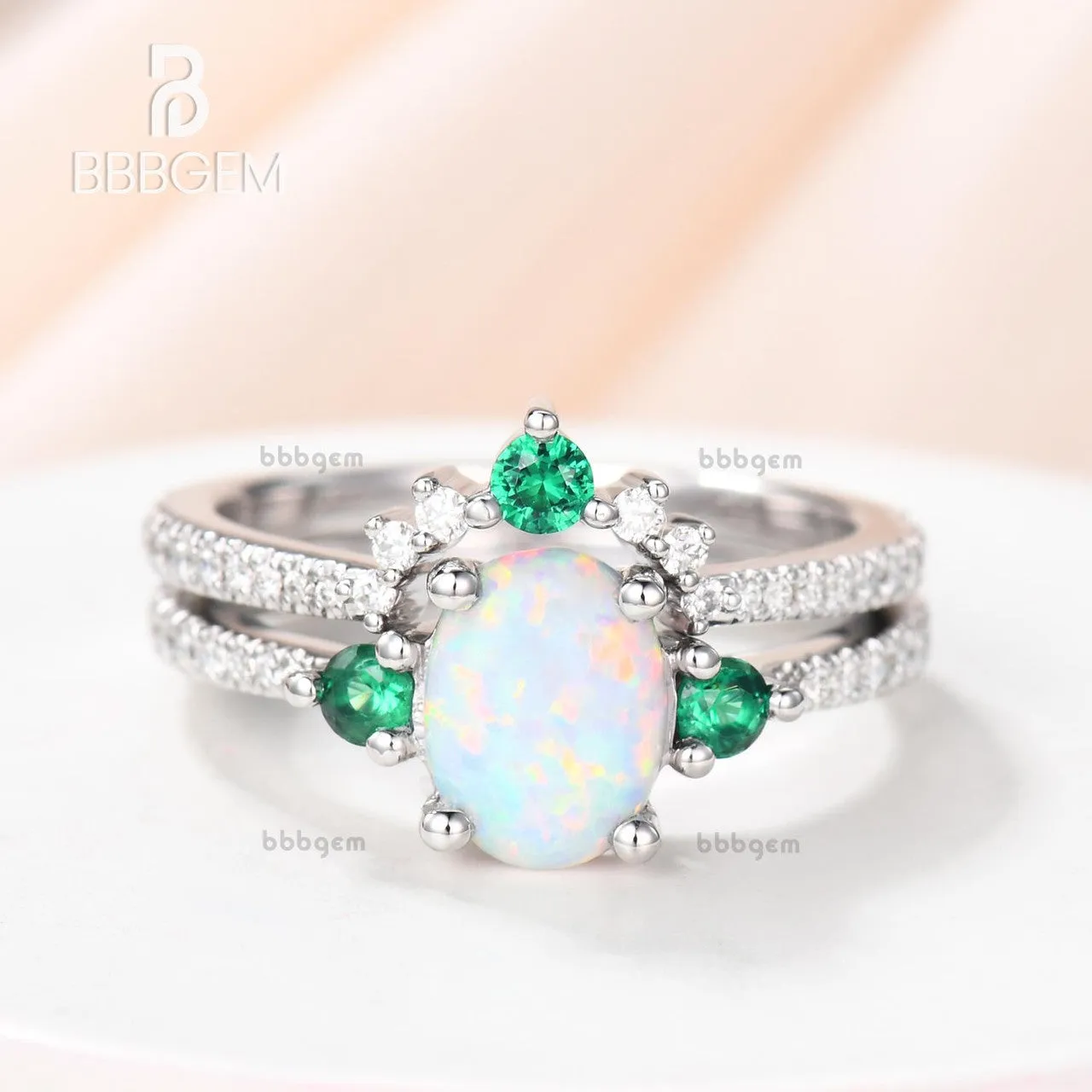 Lab Opal Bridal Set Antique Diamond Wedding Matching Band Emerald Engagement Ring Set