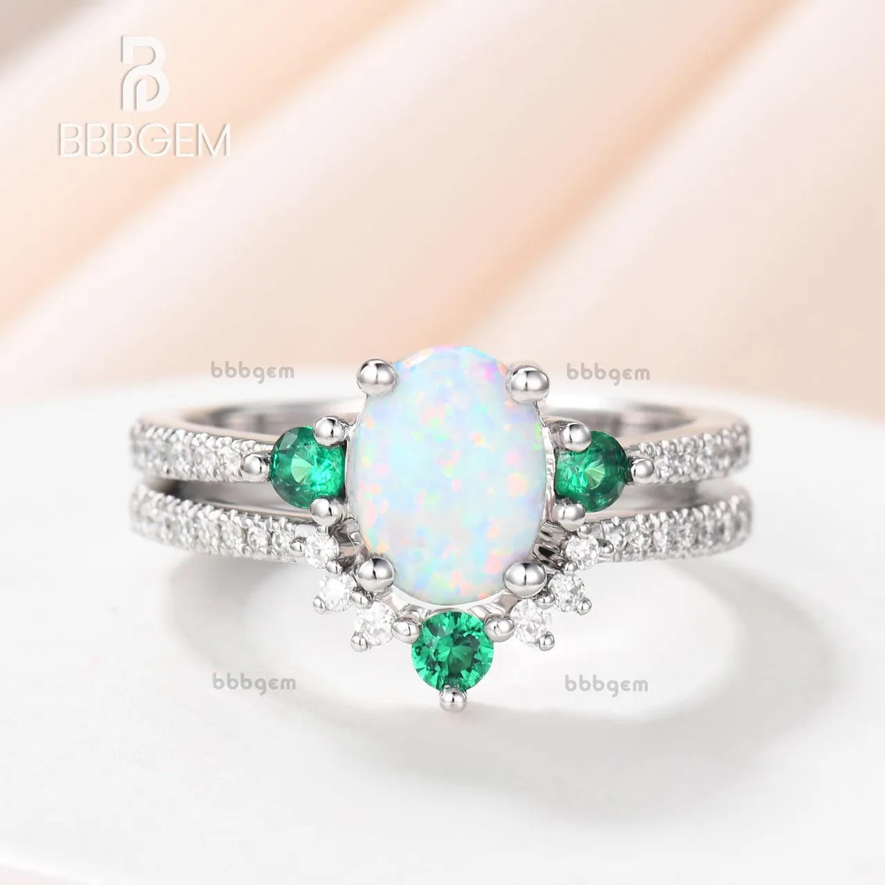 Lab Opal Bridal Set Antique Diamond Wedding Matching Band Emerald Engagement Ring Set