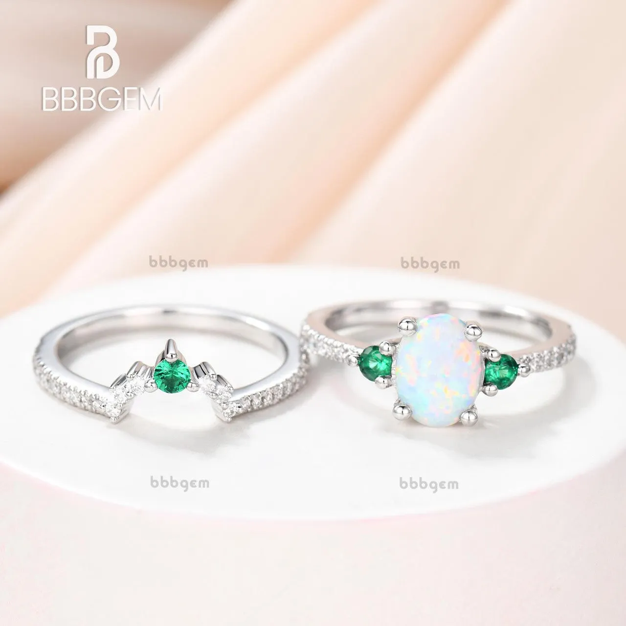 Lab Opal Bridal Set Antique Diamond Wedding Matching Band Emerald Engagement Ring Set