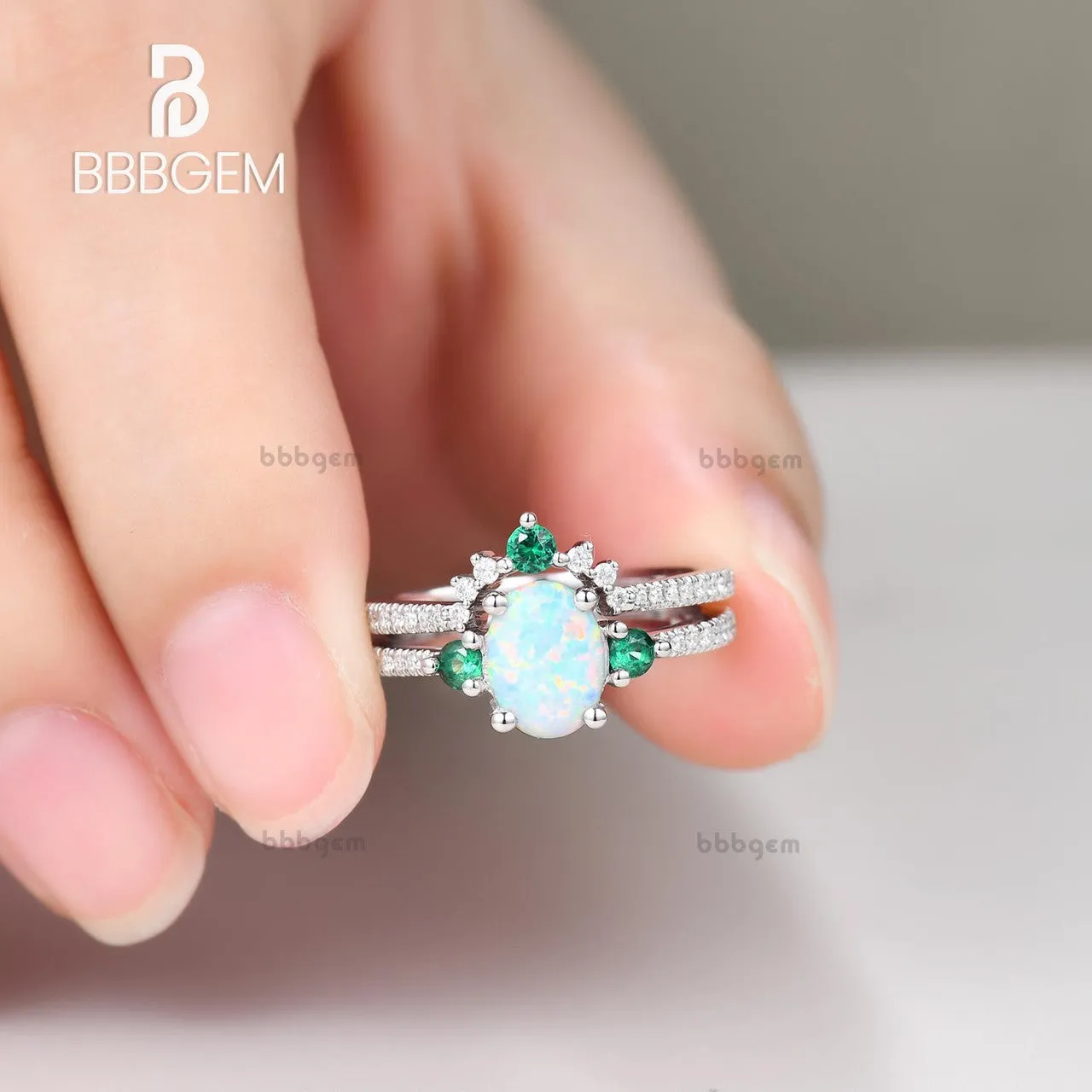 Lab Opal Bridal Set Antique Diamond Wedding Matching Band Emerald Engagement Ring Set