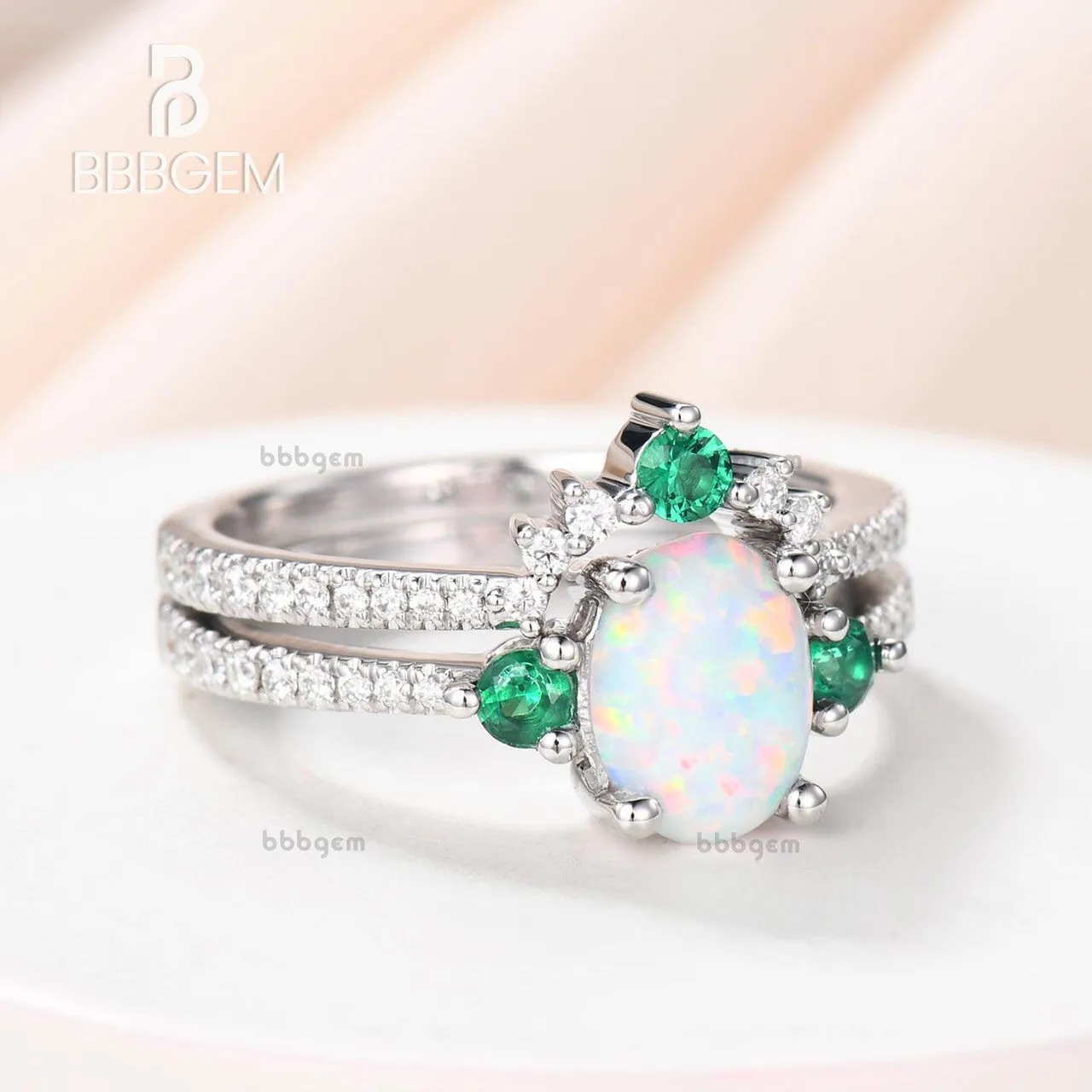 Lab Opal Bridal Set Antique Diamond Wedding Matching Band Emerald Engagement Ring Set