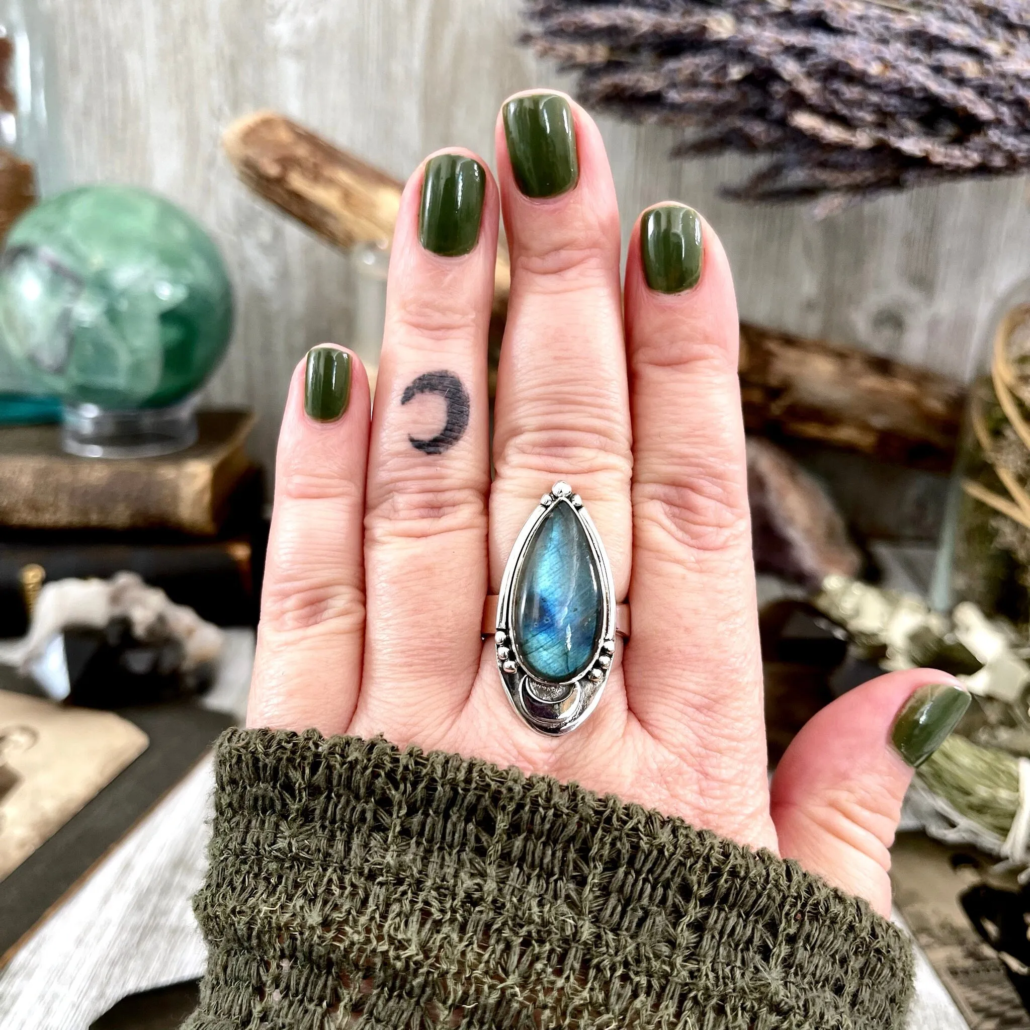 Labradorite Crystal Ring in Sterling Silver Midnight Moon Ring / Designed by FOXLARK - Adjustable to Size 6 7 8 9