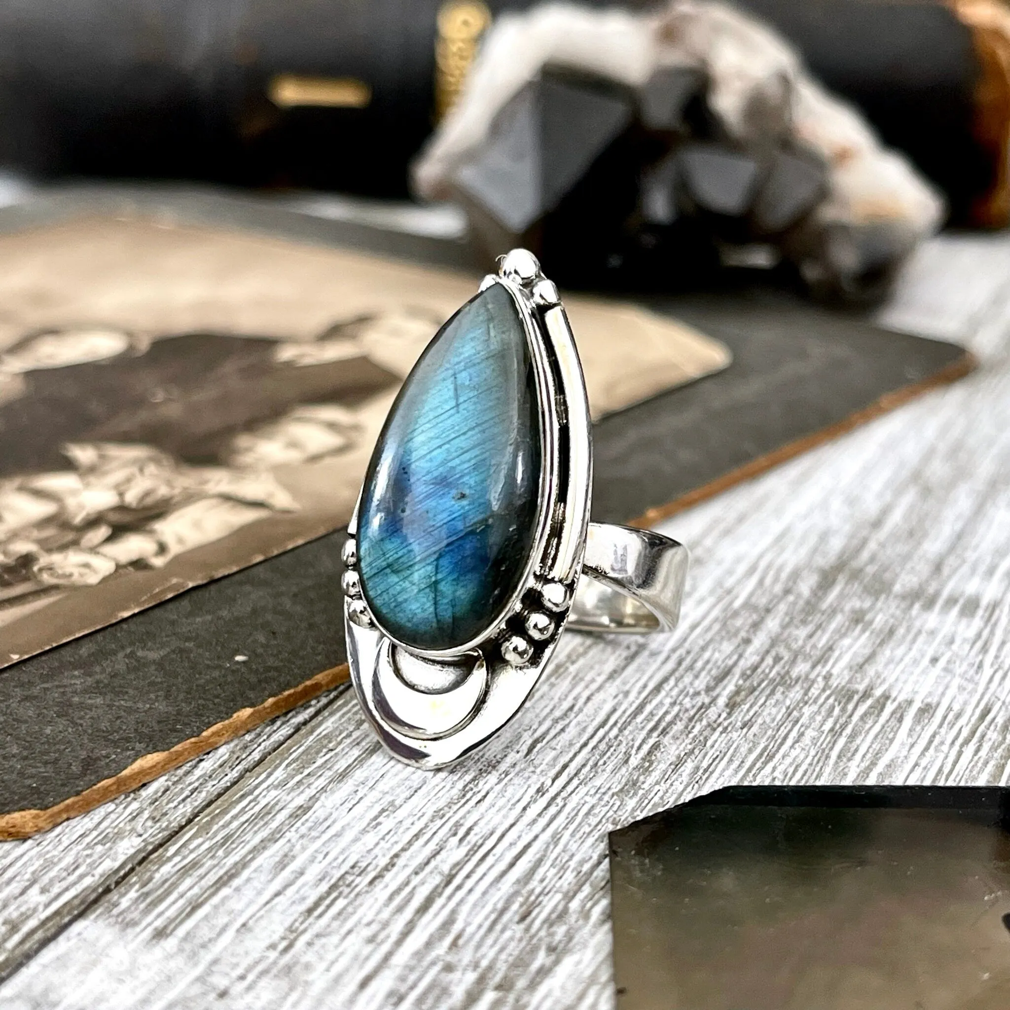 Labradorite Crystal Ring in Sterling Silver Midnight Moon Ring / Designed by FOXLARK - Adjustable to Size 6 7 8 9