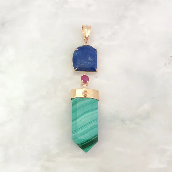 Lapiz Lazuli, Ruby Malachite & Yellow Sapphire on the Malachite Pendant