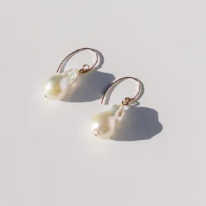 Large White Freshwater Fireball Pearl Wire Earrings