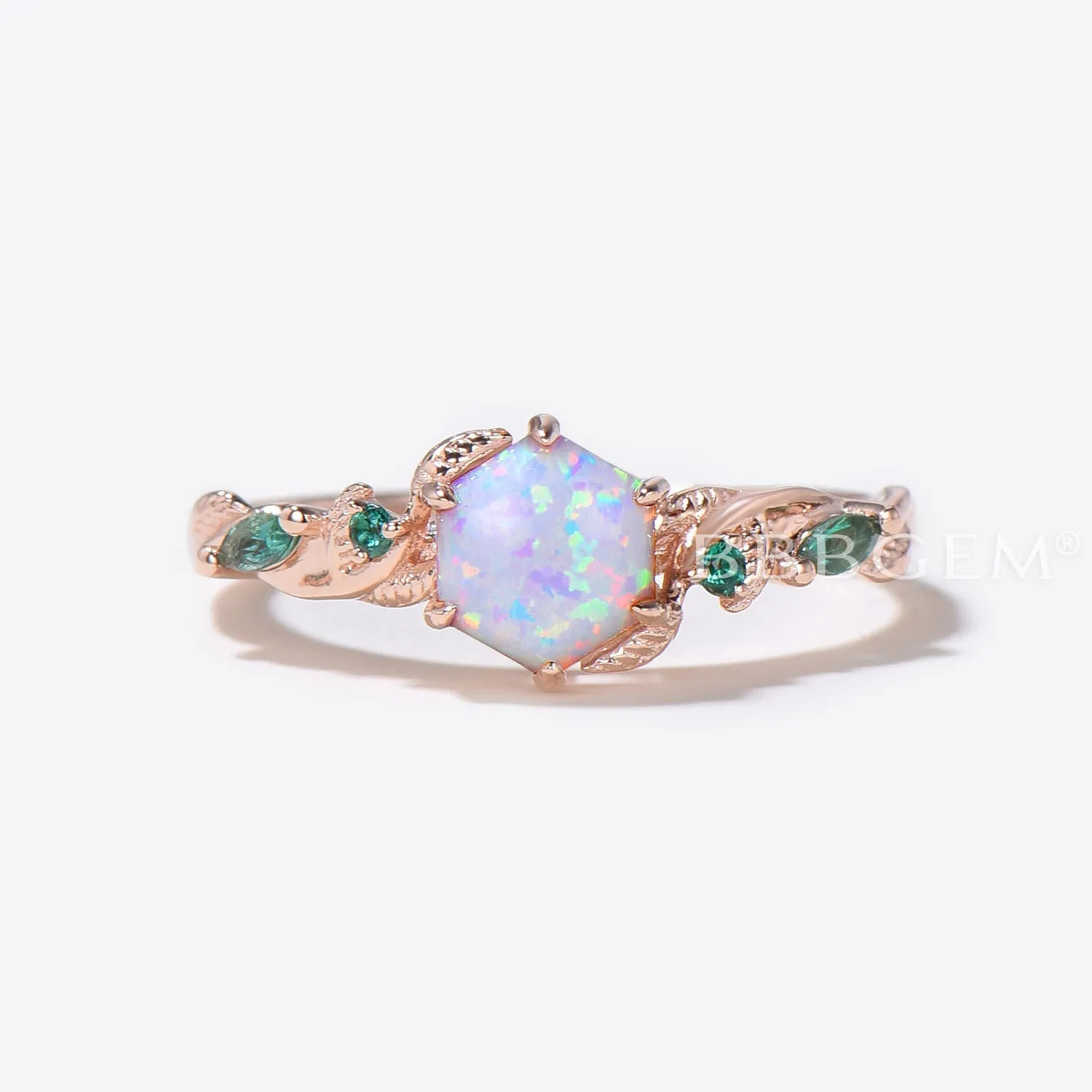 Leaf Vine Opal Bridal Ring Set 10K Rose Gold Hexagon Cut White Opal Engagement Ring Nature Inspired Branch Emerald Ring October Birthstone Ring