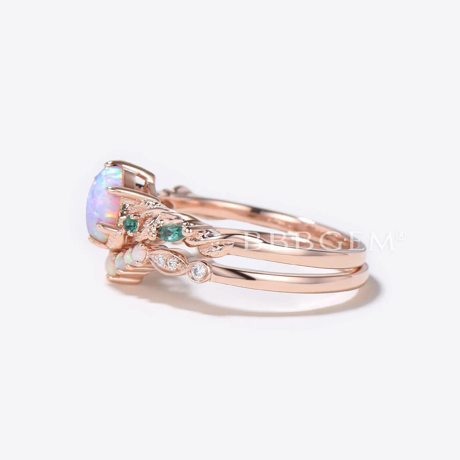 Leaf Vine Opal Bridal Ring Set 10K Rose Gold Hexagon Cut White Opal Engagement Ring Nature Inspired Branch Emerald Ring October Birthstone Ring