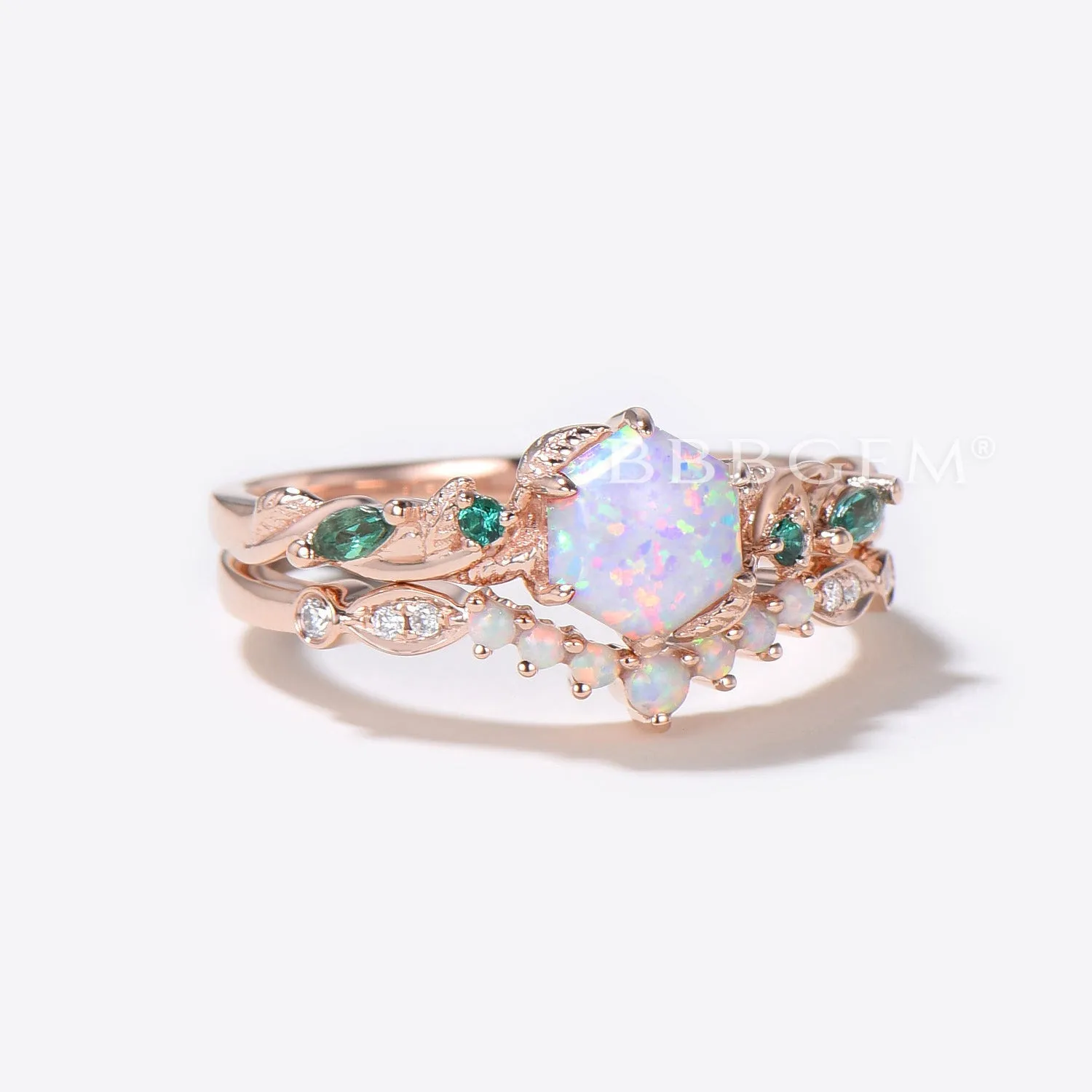 Leaf Vine Opal Bridal Ring Set 10K Rose Gold Hexagon Cut White Opal Engagement Ring Nature Inspired Branch Emerald Ring October Birthstone Ring