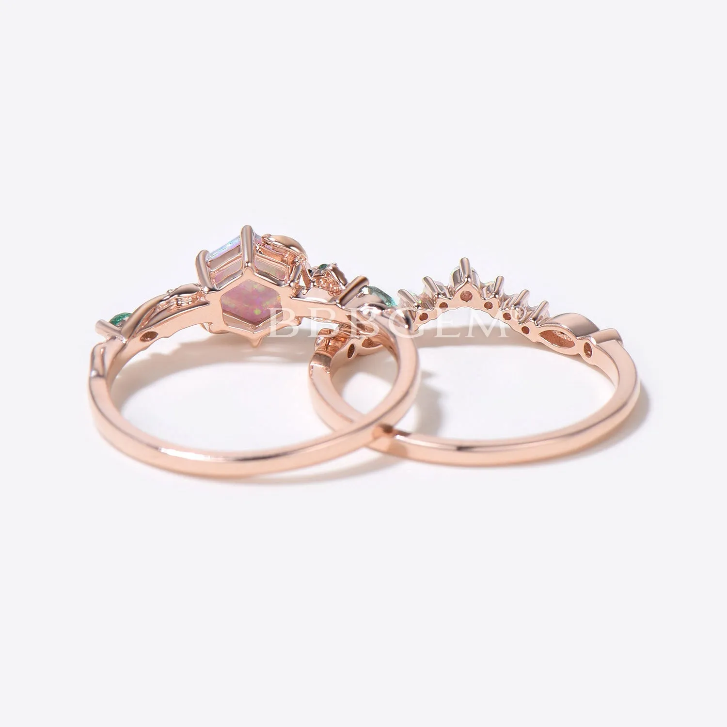 Leaf Vine Opal Bridal Ring Set 10K Rose Gold Hexagon Cut White Opal Engagement Ring Nature Inspired Branch Emerald Ring October Birthstone Ring