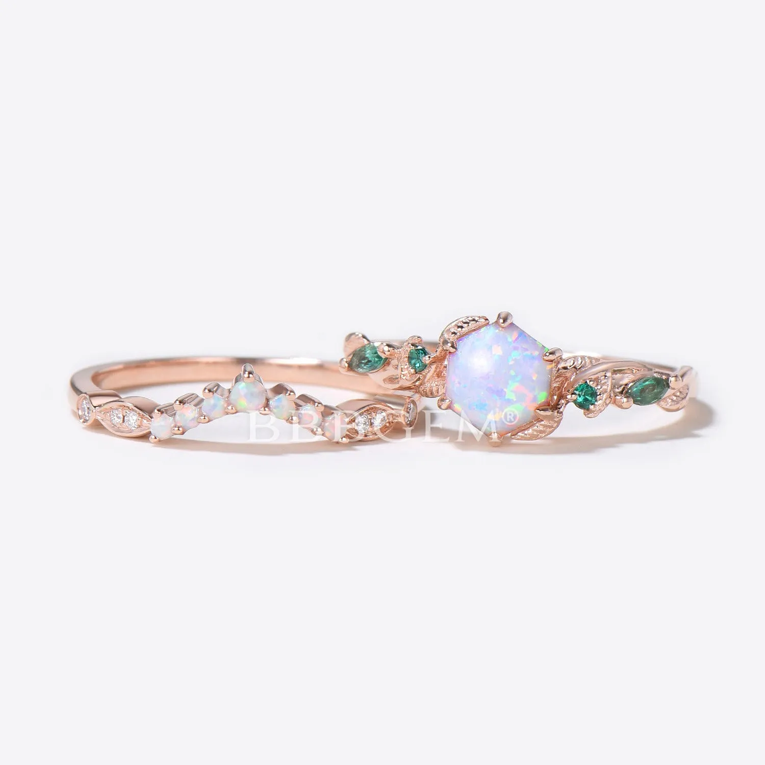 Leaf Vine Opal Bridal Ring Set 10K Rose Gold Hexagon Cut White Opal Engagement Ring Nature Inspired Branch Emerald Ring October Birthstone Ring