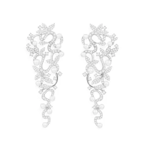 Long Flower Drop Earrings with Pearls