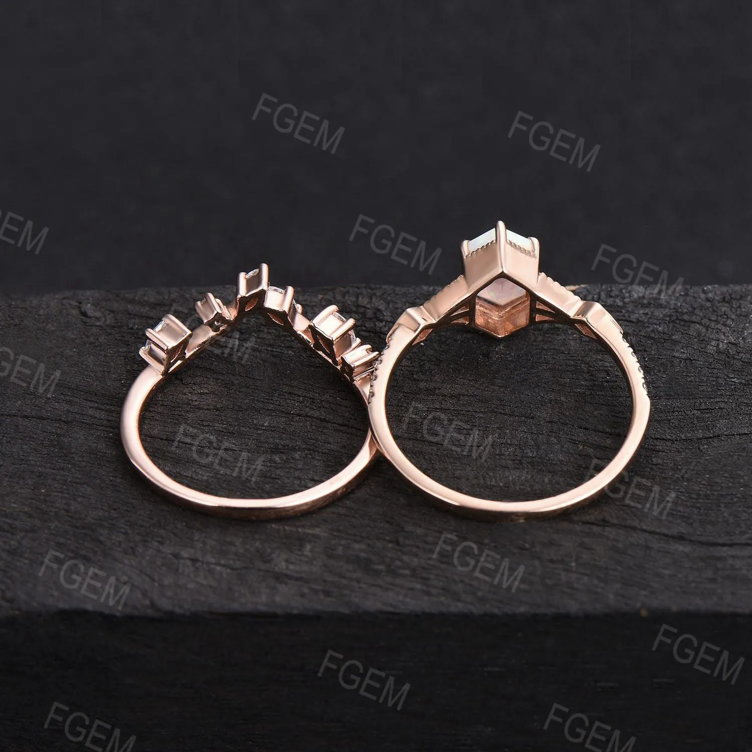 Long Hexagon Opal Ring Set Split Shank Engagement Ring Rose Gold Milgrain Bridal Set Unique Marquise Moissanite Ring October Birthstone Gift