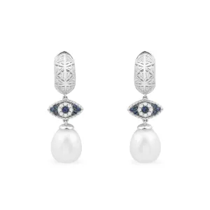 Lucky Eye Earrings With Pearls - White Silver