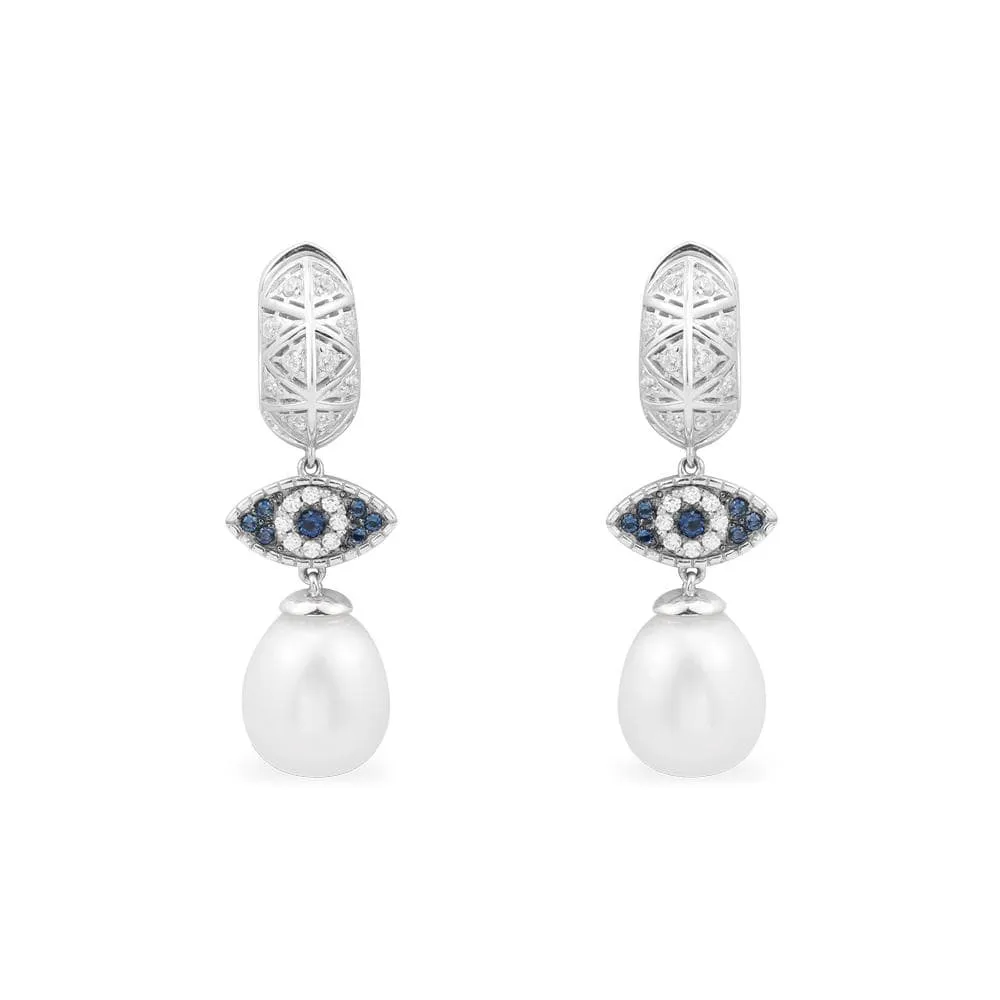 Lucky Eye Earrings With Pearls - White Silver