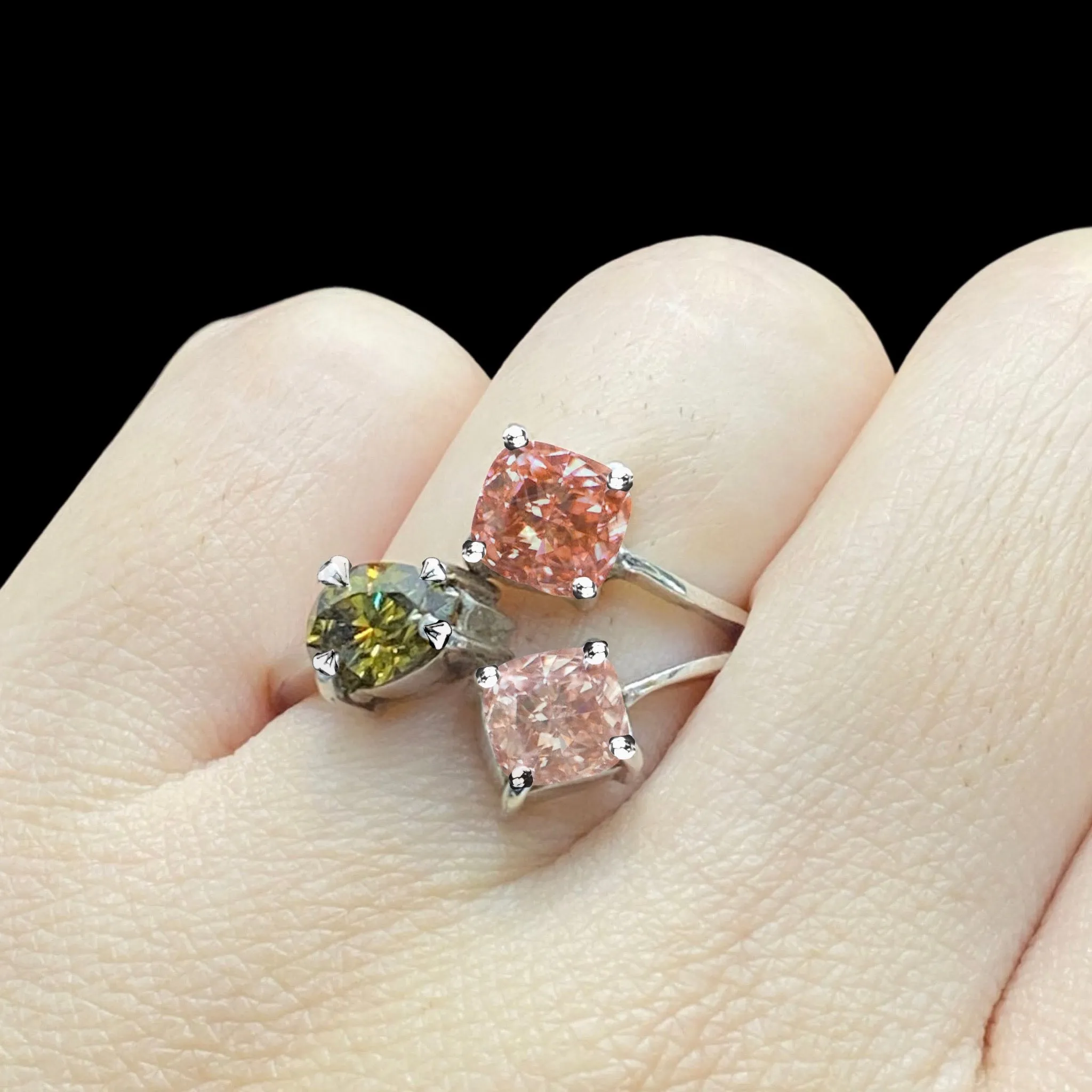 LVNA Signatures Fancy Rare Pink Green Red Colored Cocktail Diamond Platinum Ring