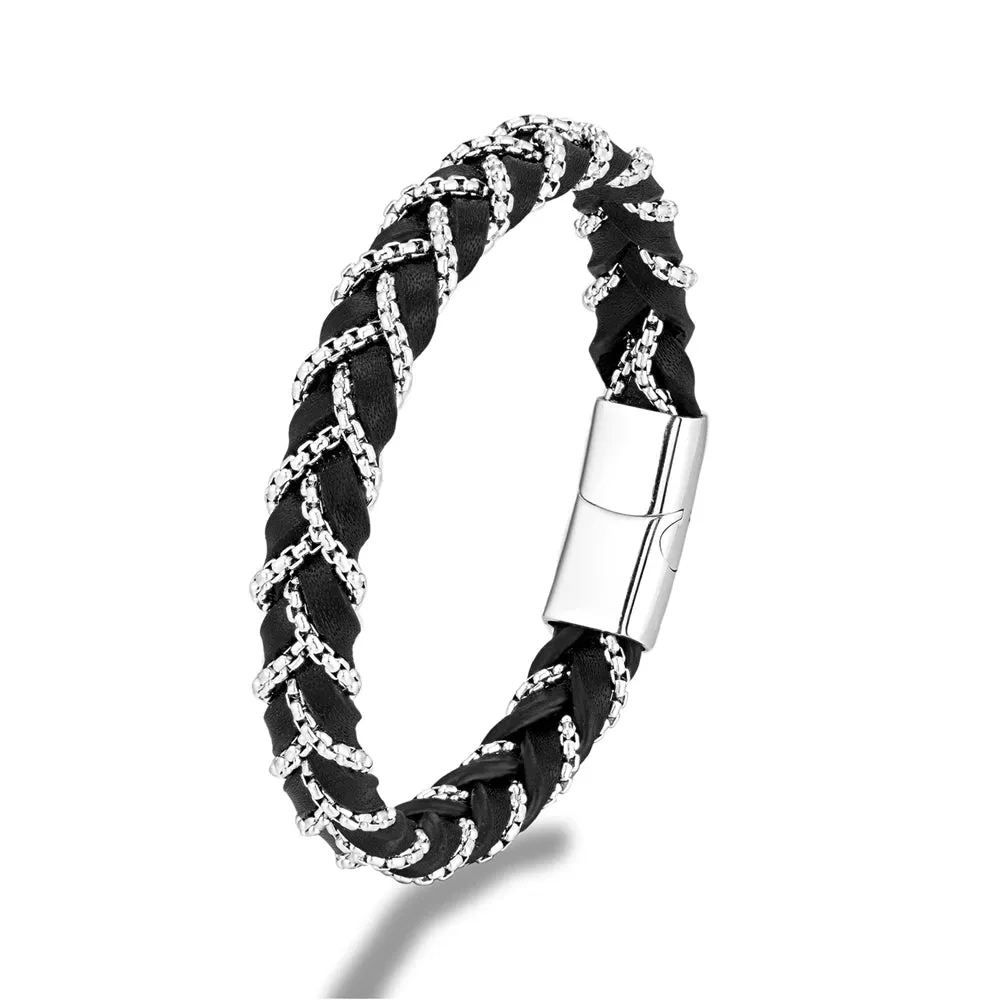 Matte Black Leather Box Chain Bracelet with Magnetic Clasp