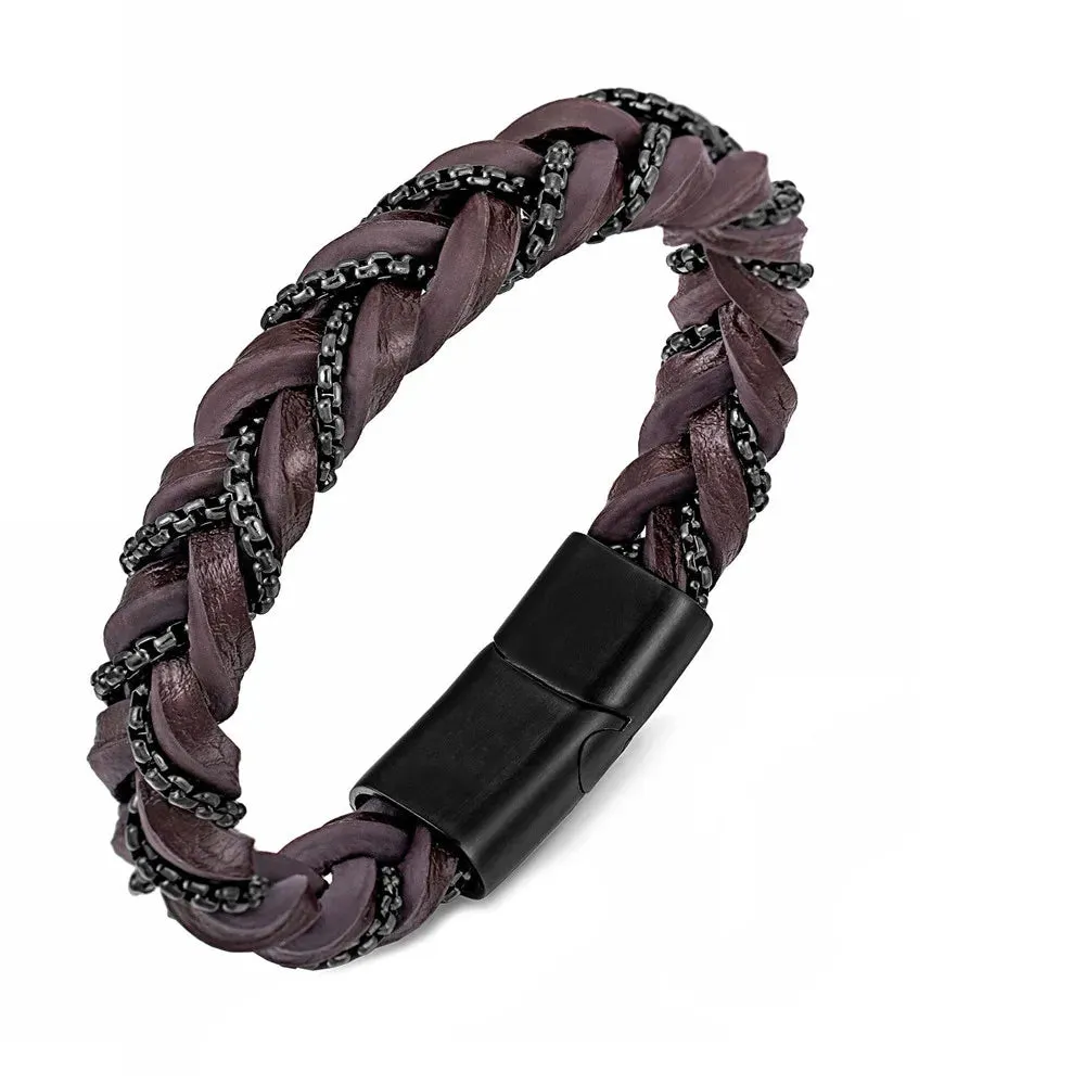 Matte Black Leather Box Chain Bracelet with Magnetic Clasp