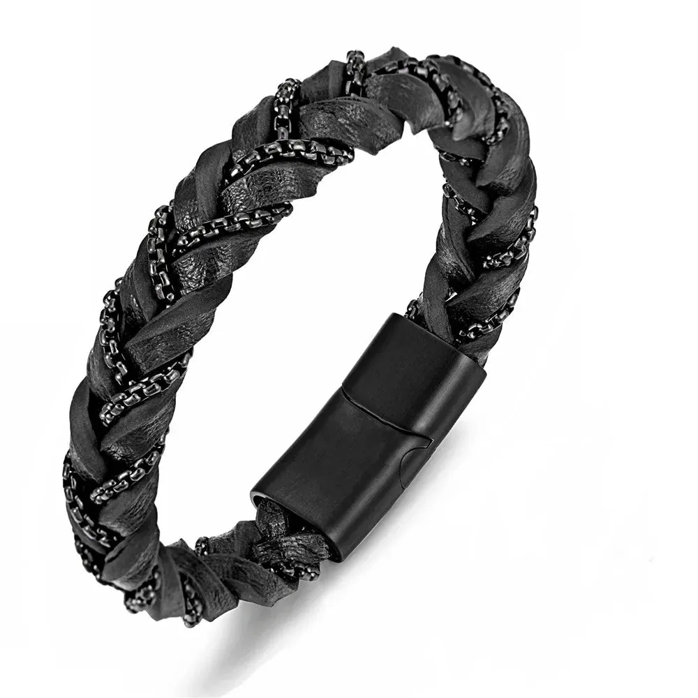 Matte Black Leather Box Chain Bracelet with Magnetic Clasp