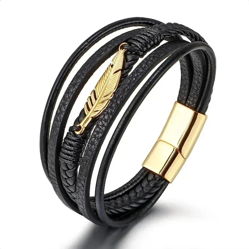 Men's Leather Chain Bracelet with Magnetic Gold Clasp