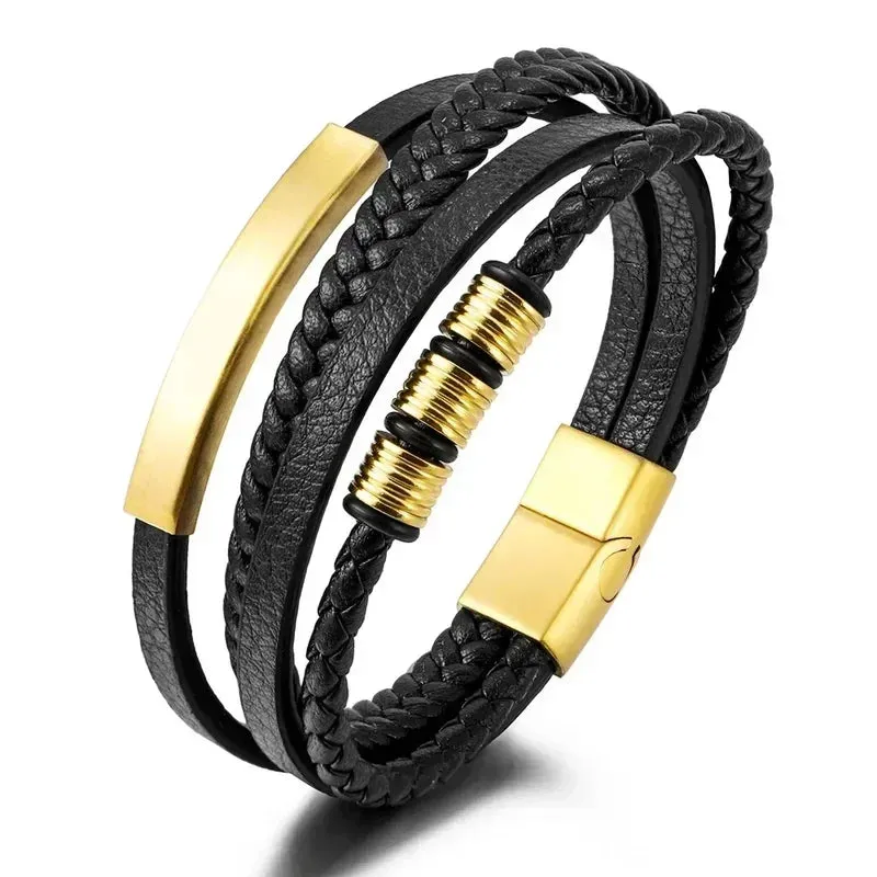 Men's Leather Chain Bracelet with Magnetic Gold Clasp