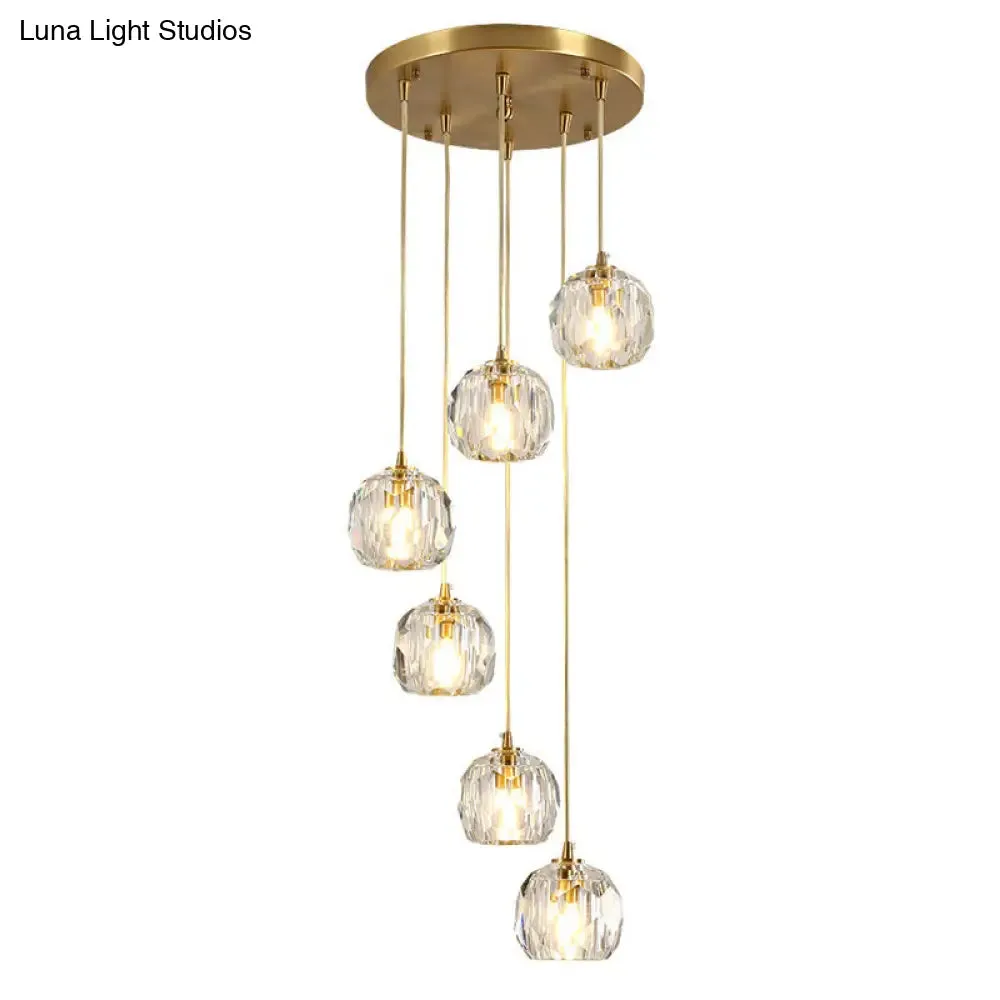 Modern Crystal Pendant Light with Dome Shade, Brass Staircase Suspension Fixture