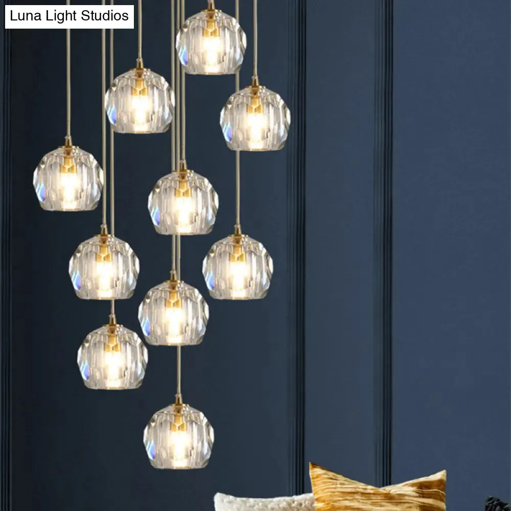 Modern Crystal Pendant Light with Dome Shade, Brass Staircase Suspension Fixture