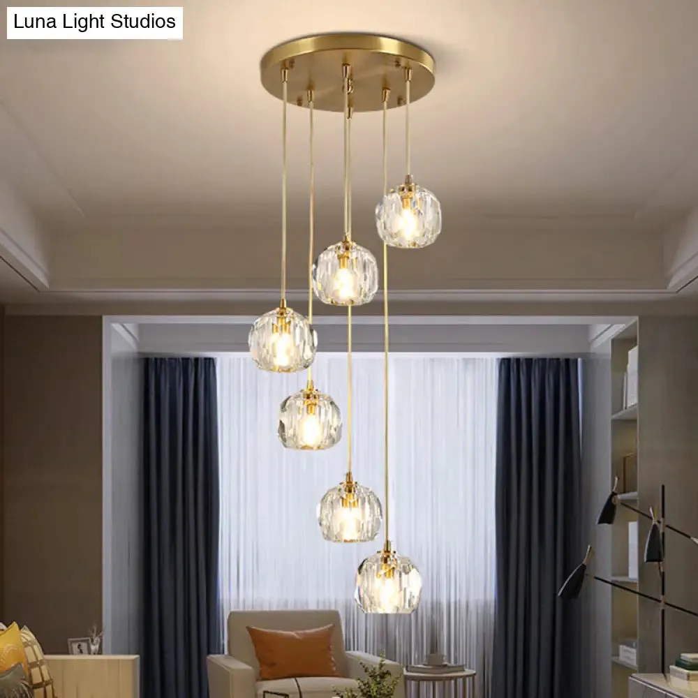 Modern Crystal Pendant Light with Dome Shade, Brass Staircase Suspension Fixture