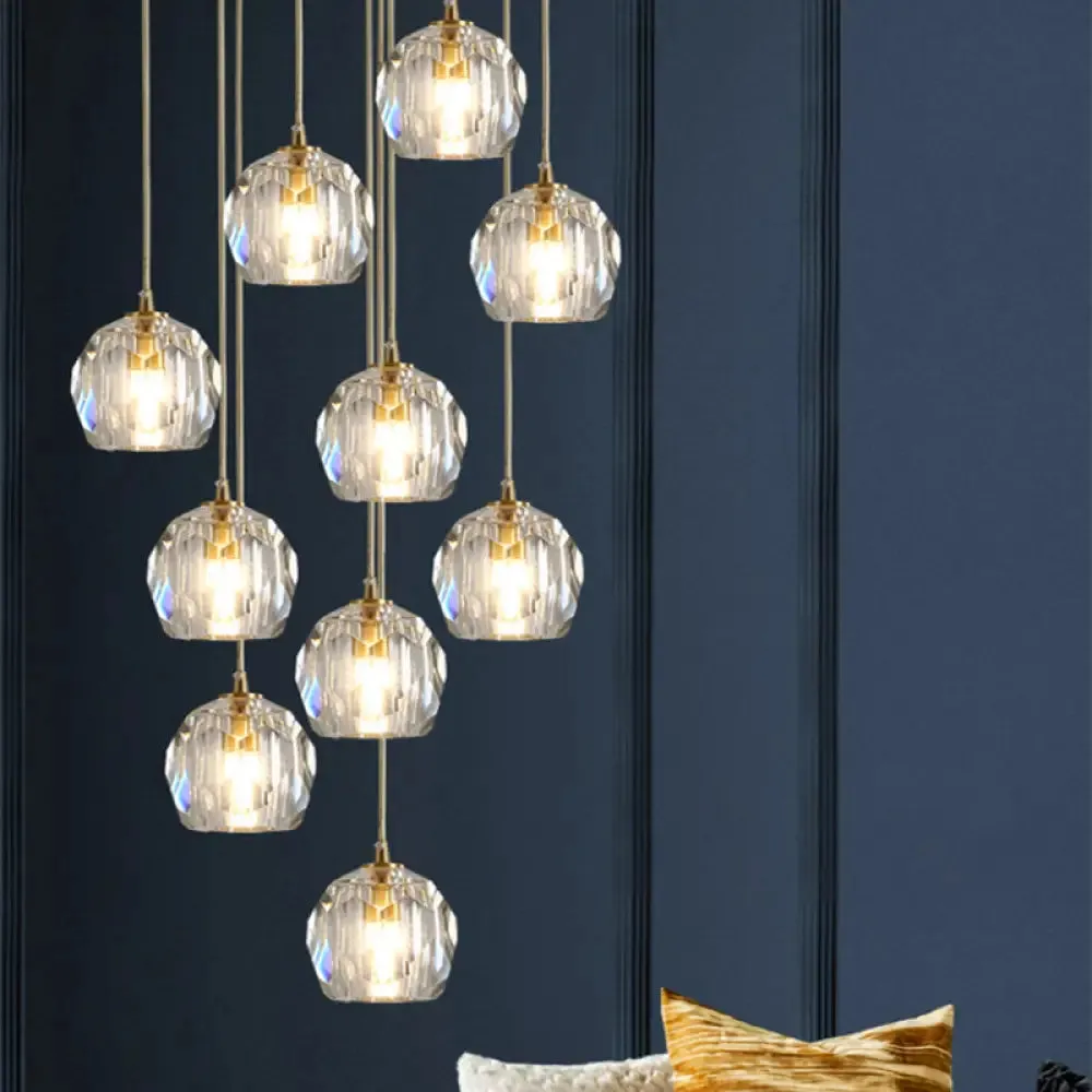 Modern Crystal Pendant Light with Dome Shade, Brass Staircase Suspension Fixture