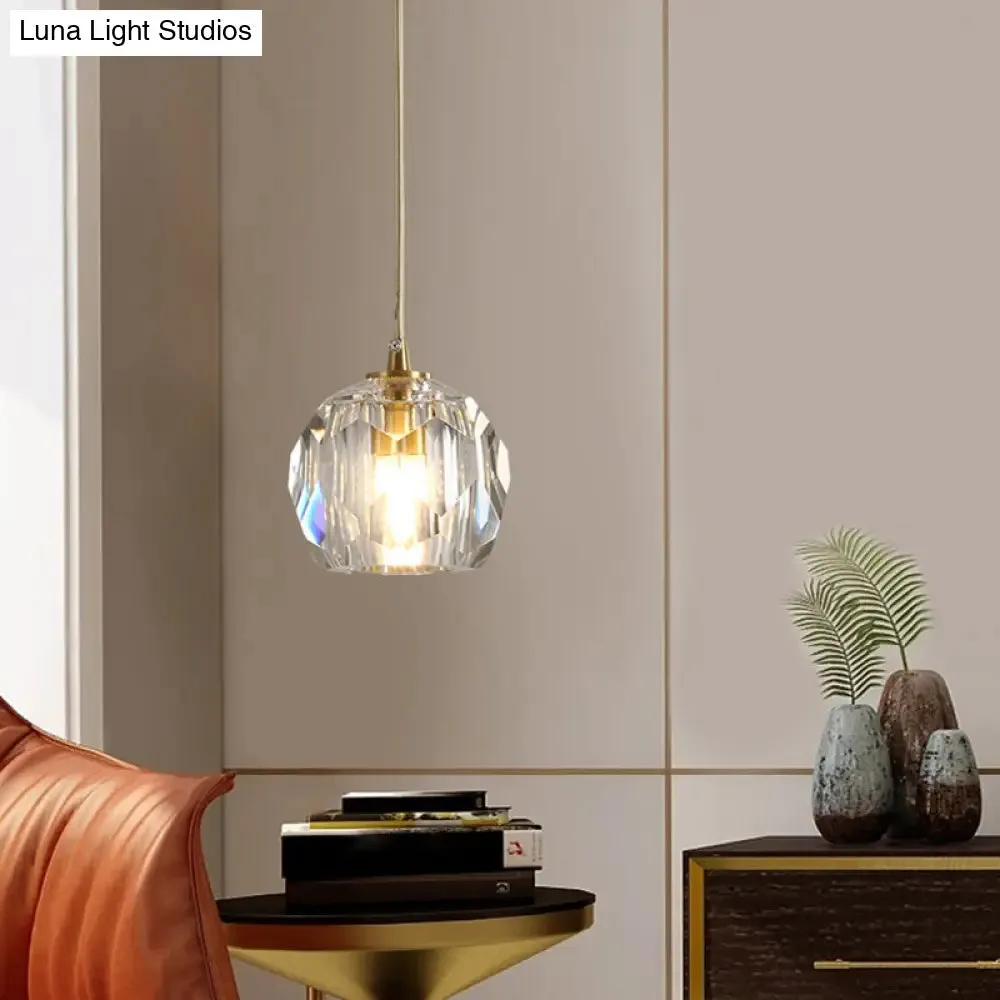 Modern Crystal Pendant Light with Dome Shade, Brass Staircase Suspension Fixture