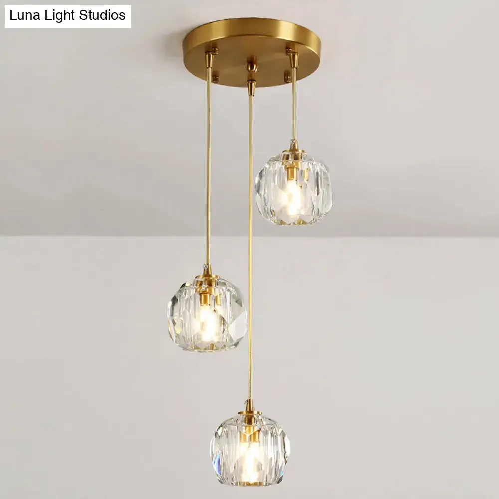 Modern Crystal Pendant Light with Dome Shade, Brass Staircase Suspension Fixture