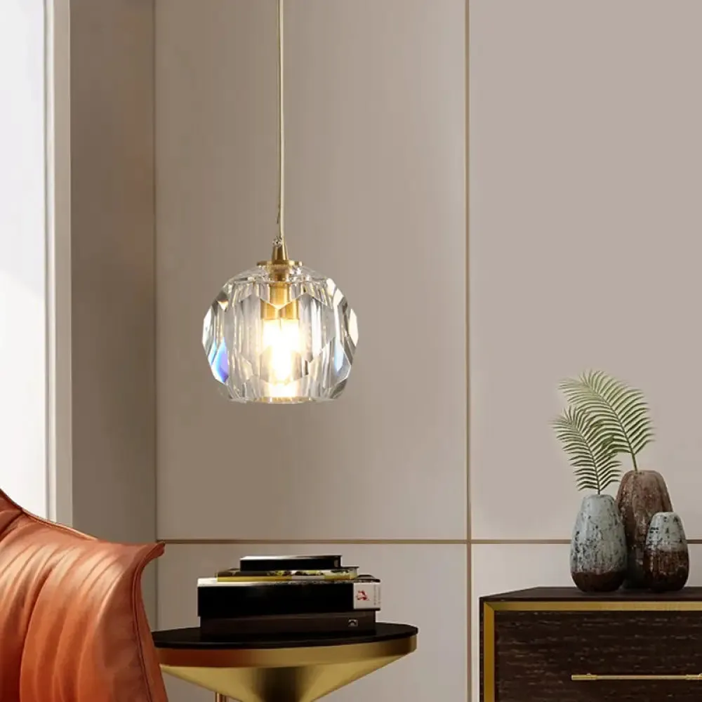 Modern Crystal Pendant Light with Dome Shade, Brass Staircase Suspension Fixture