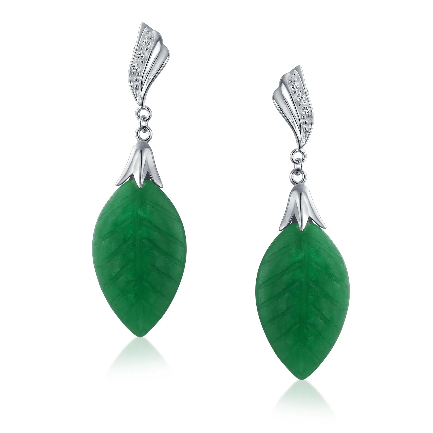 Native American Carved Leaf Green Dangle Gemstone Earrings in Sterling Silver