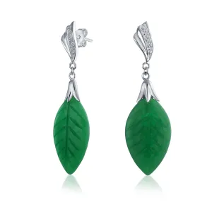 Native American Carved Leaf Green Dangle Gemstone Earrings in Sterling Silver