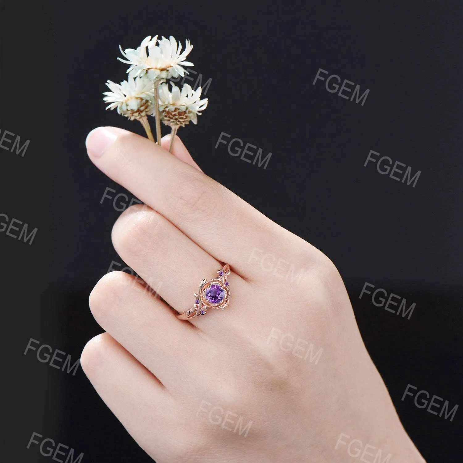 Natural Amethyst Engagement Ring Round Purple Crystal Ring Rose Flower Amethyst Wedding Ring Leaf Nature Inspired Ring February Birthstone