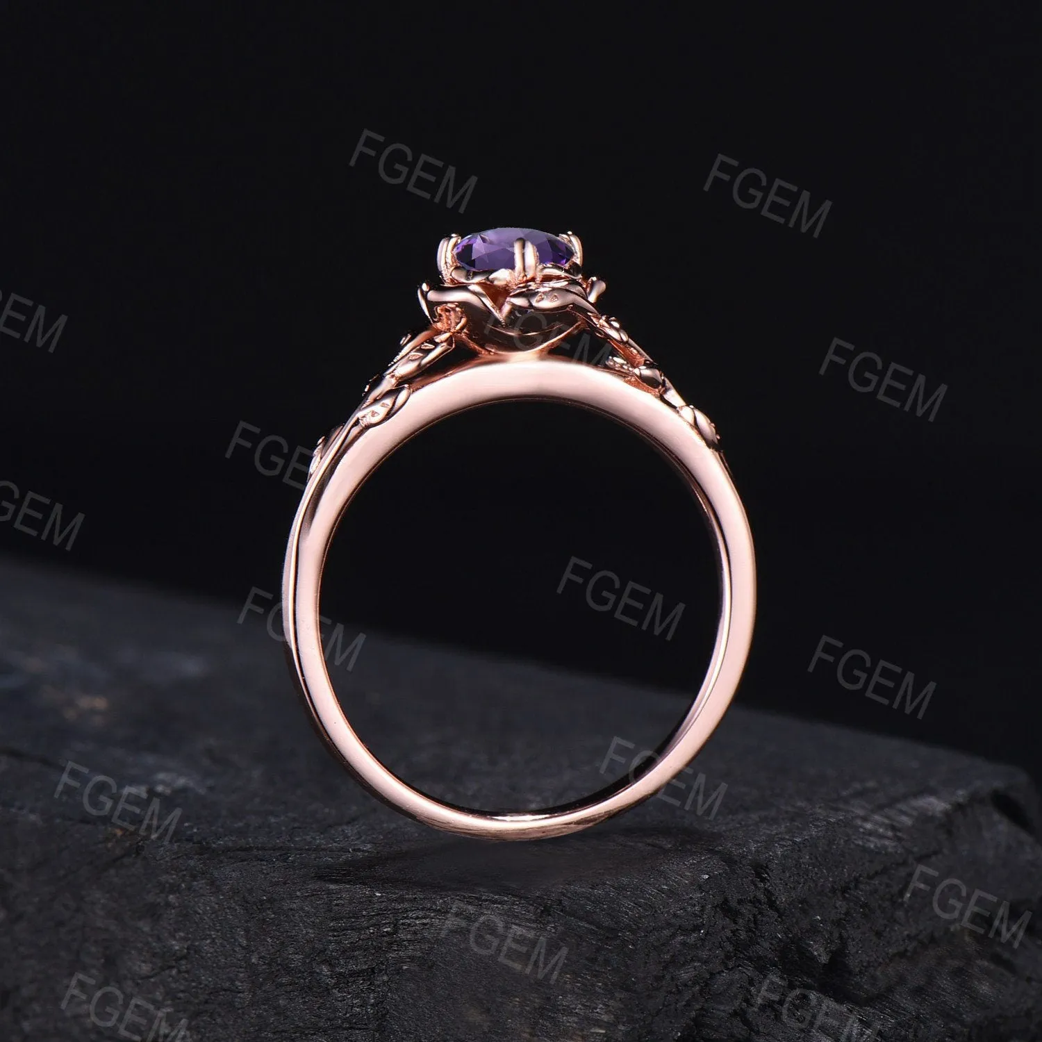 Natural Amethyst Engagement Ring Round Purple Crystal Ring Rose Flower Amethyst Wedding Ring Leaf Nature Inspired Ring February Birthstone