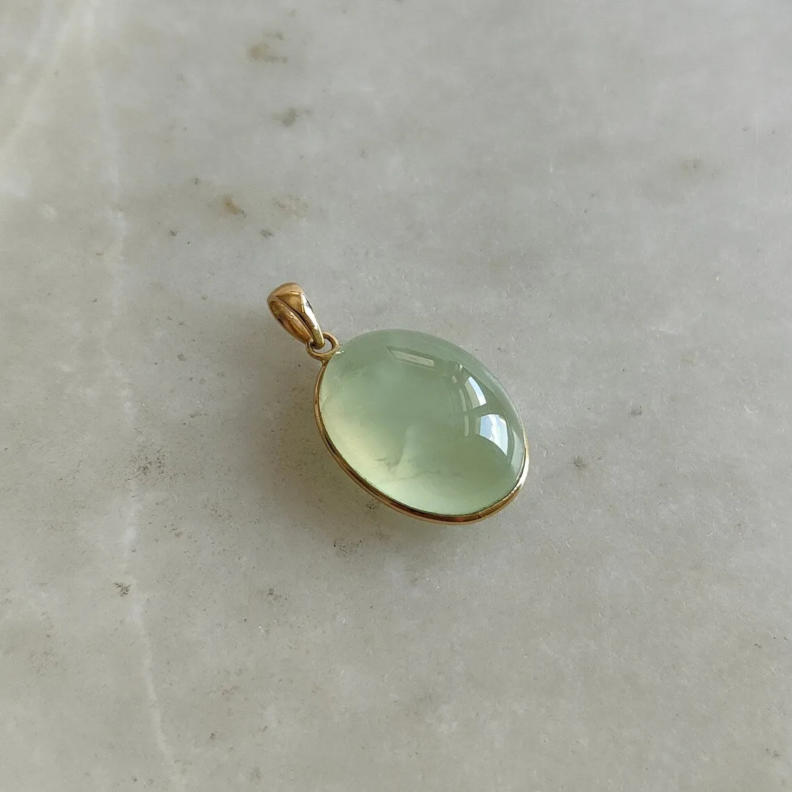 Natural Oval Cut Prehnite Simple Bezel Set Pendant - 14k Gold Vermeil Pendant