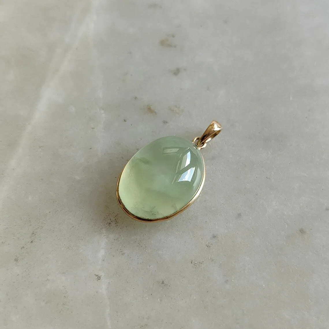 Natural Oval Cut Prehnite Simple Bezel Set Pendant - 14k Gold Vermeil Pendant